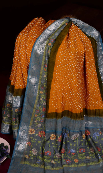 Kanjiwaram With Pichwai Print Bandhani Saree