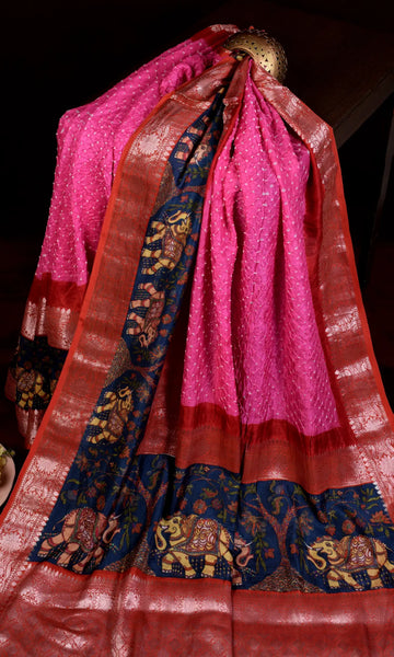 Kanjiwaram With Pichwai Print Bandhani Saree