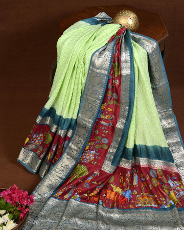 Kanjiwaram with Pichwai Print Bandhani Saree