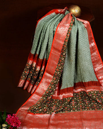 Kanjiwaram With Pichwai Print Bandhani Saree