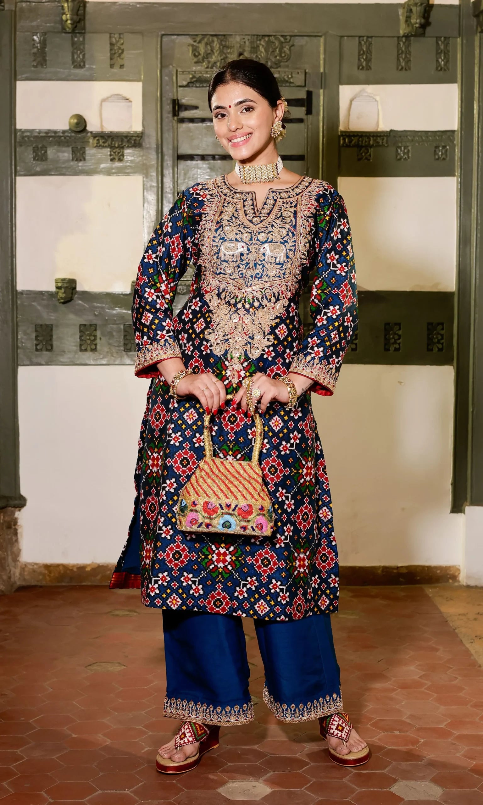 patola design dress Designer Gown Patola Print Silk in Multi Colour