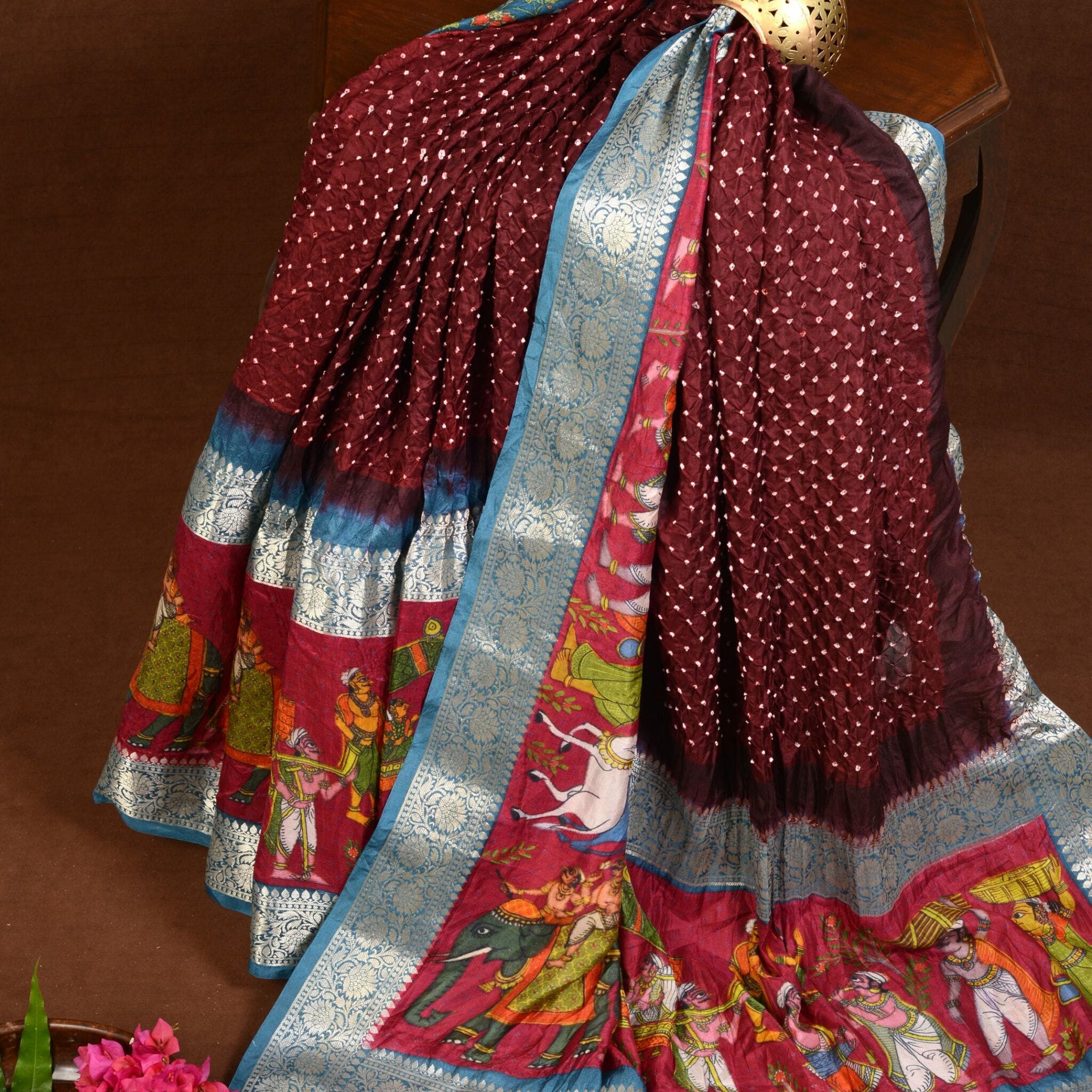 Kanjiwaram With Pichwai Print Bandhani Saree