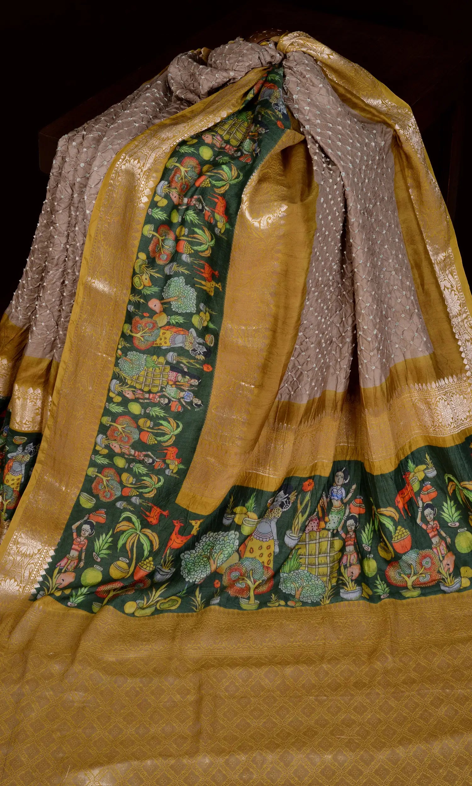 Kanjiwaram With Pichwai Print Bandhani Saree