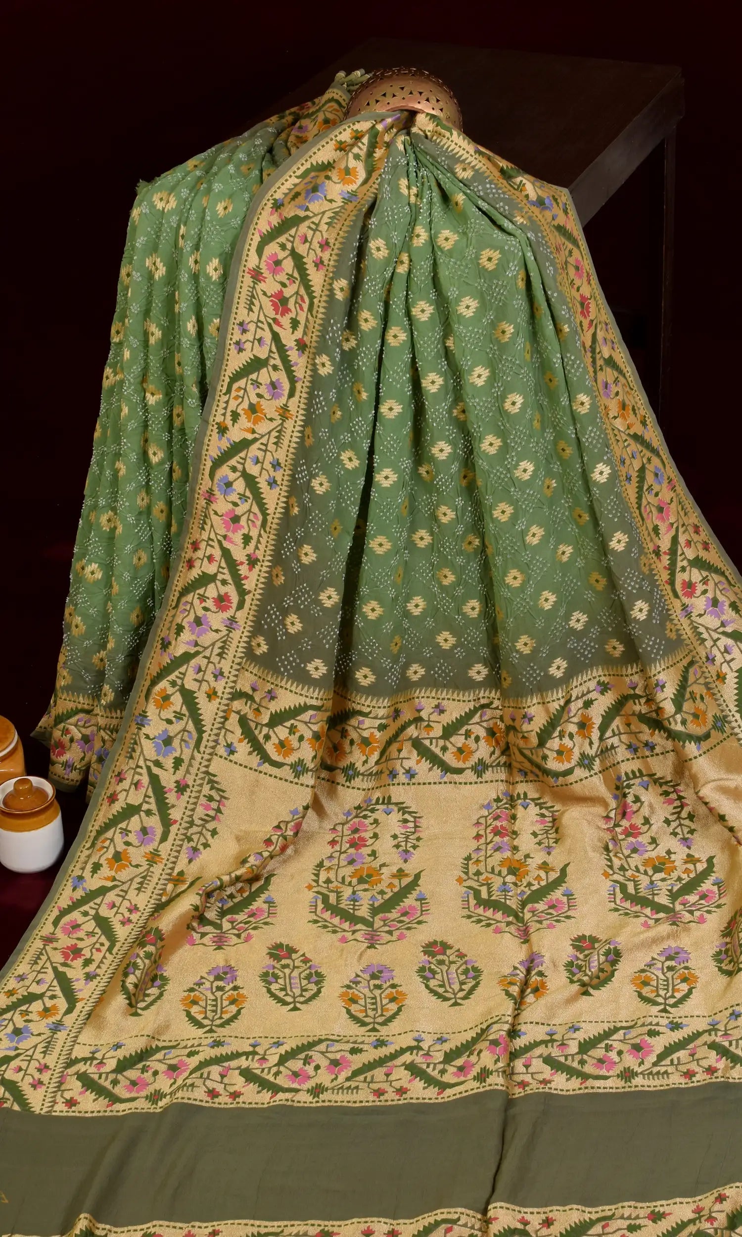 Banarasi Weave Parsi Jaal Bandhani Saree