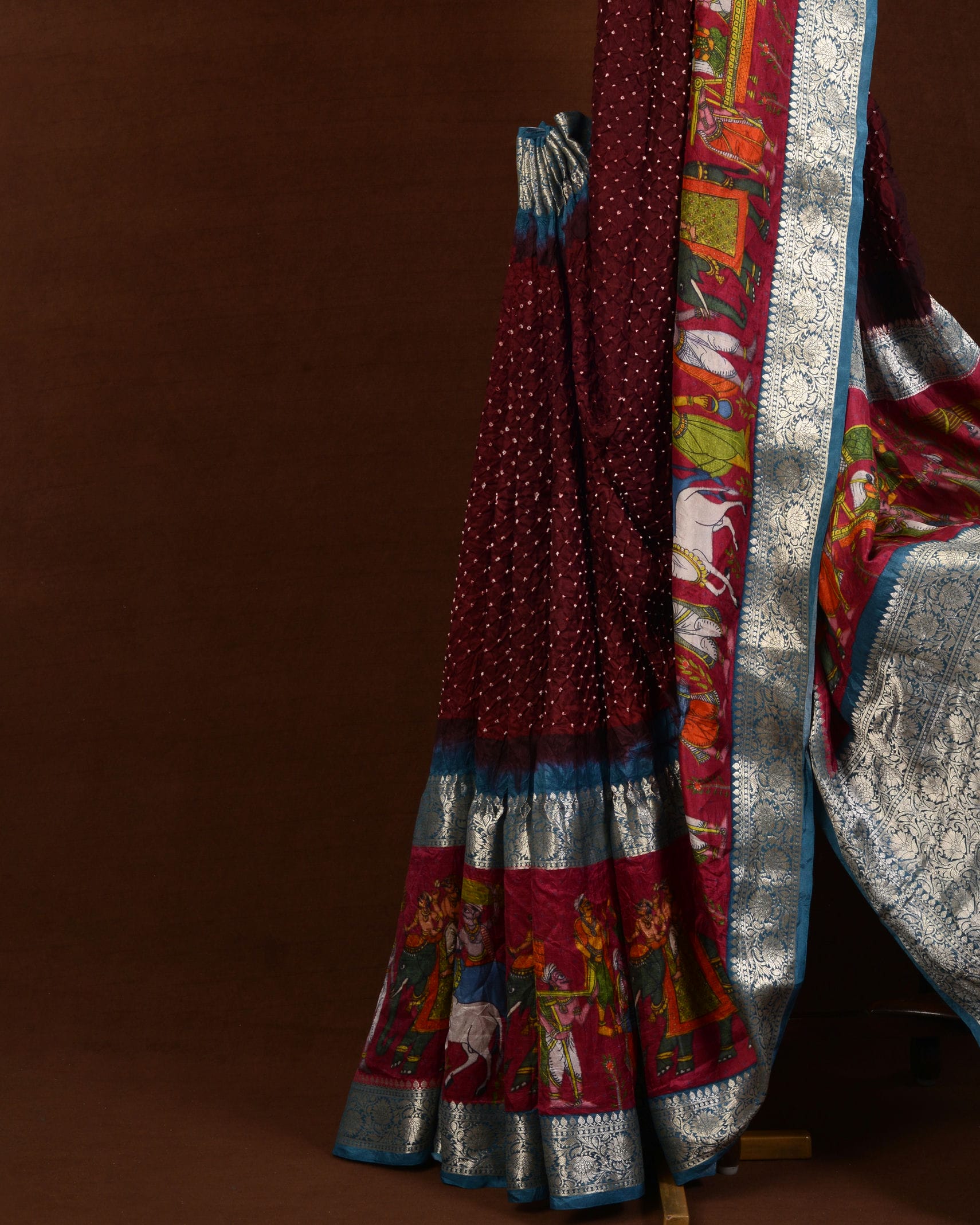 Kanjiwaram With Pichwai Print Bandhani Saree