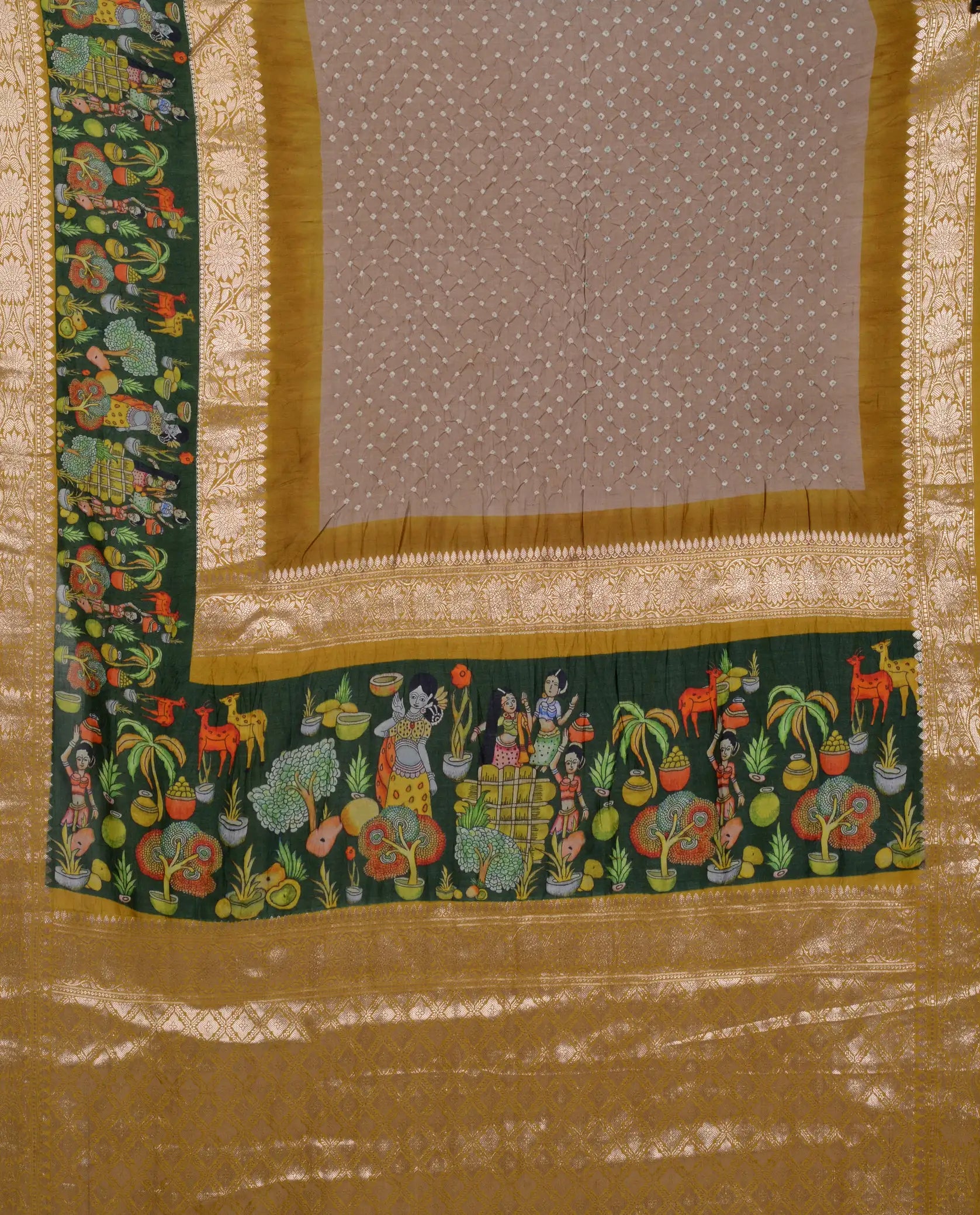 Kanjiwaram With Pichwai Print Bandhani Saree