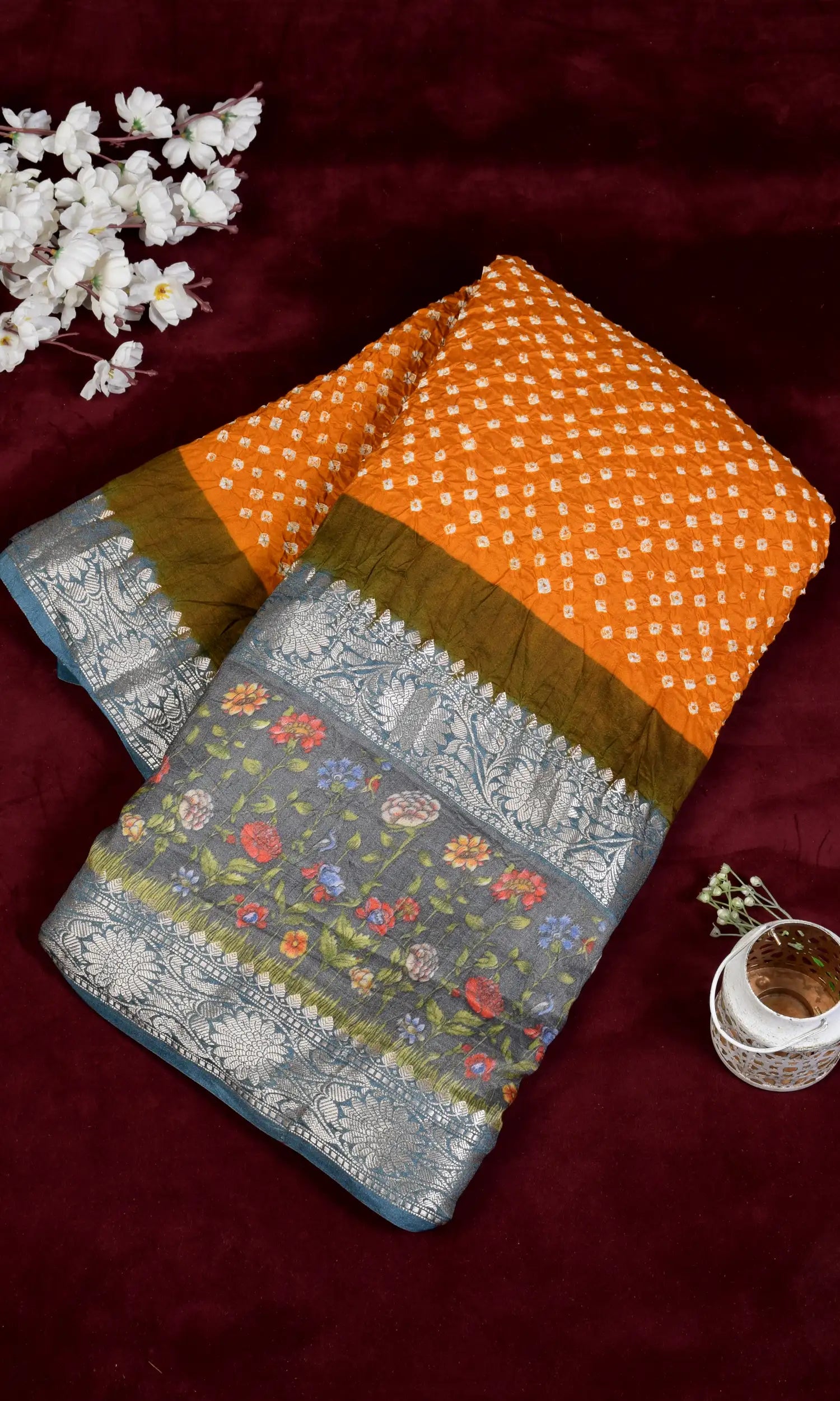 Kanjiwaram With Pichwai Print Bandhani Saree