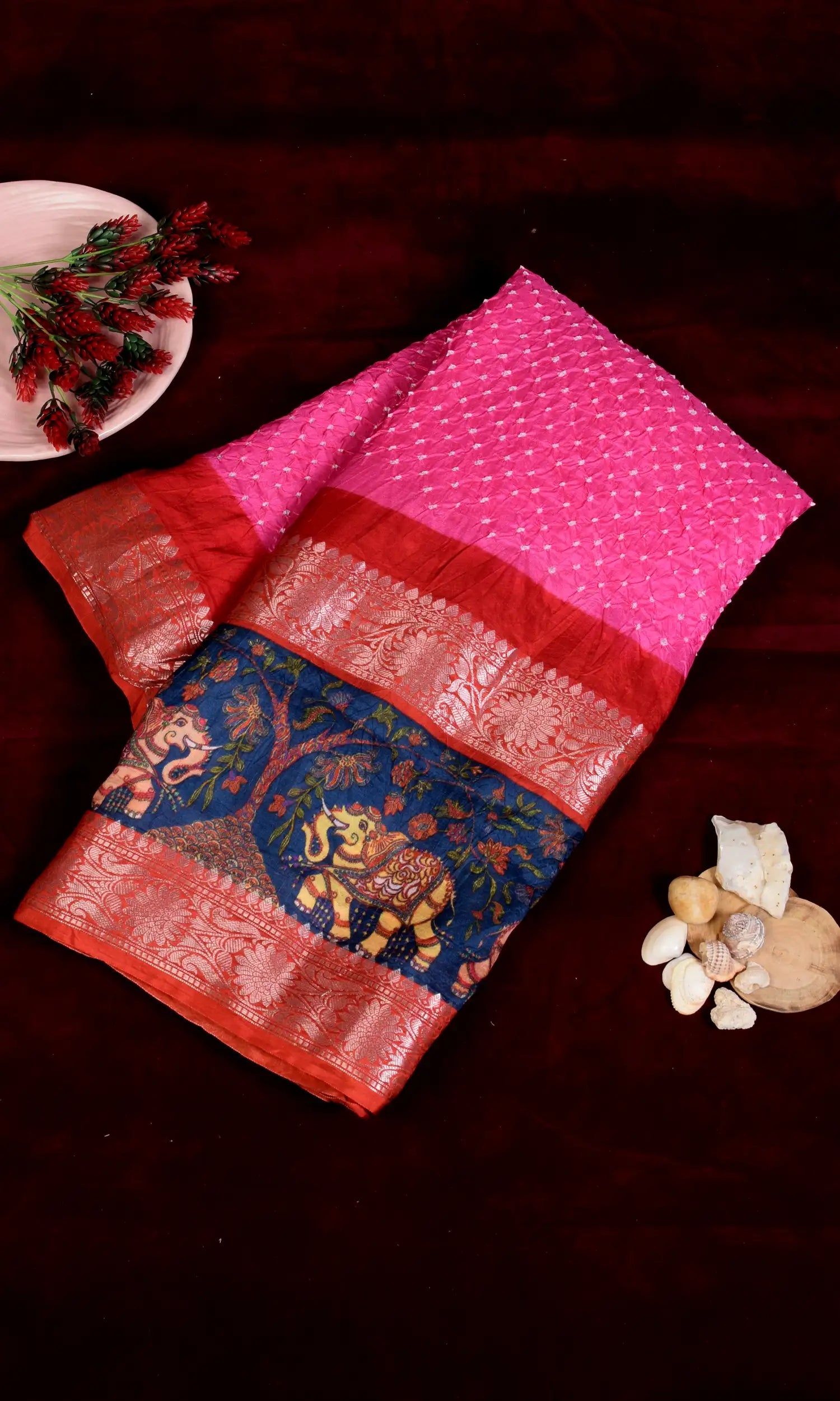 Kanjiwaram With Pichwai Print Bandhani Saree
