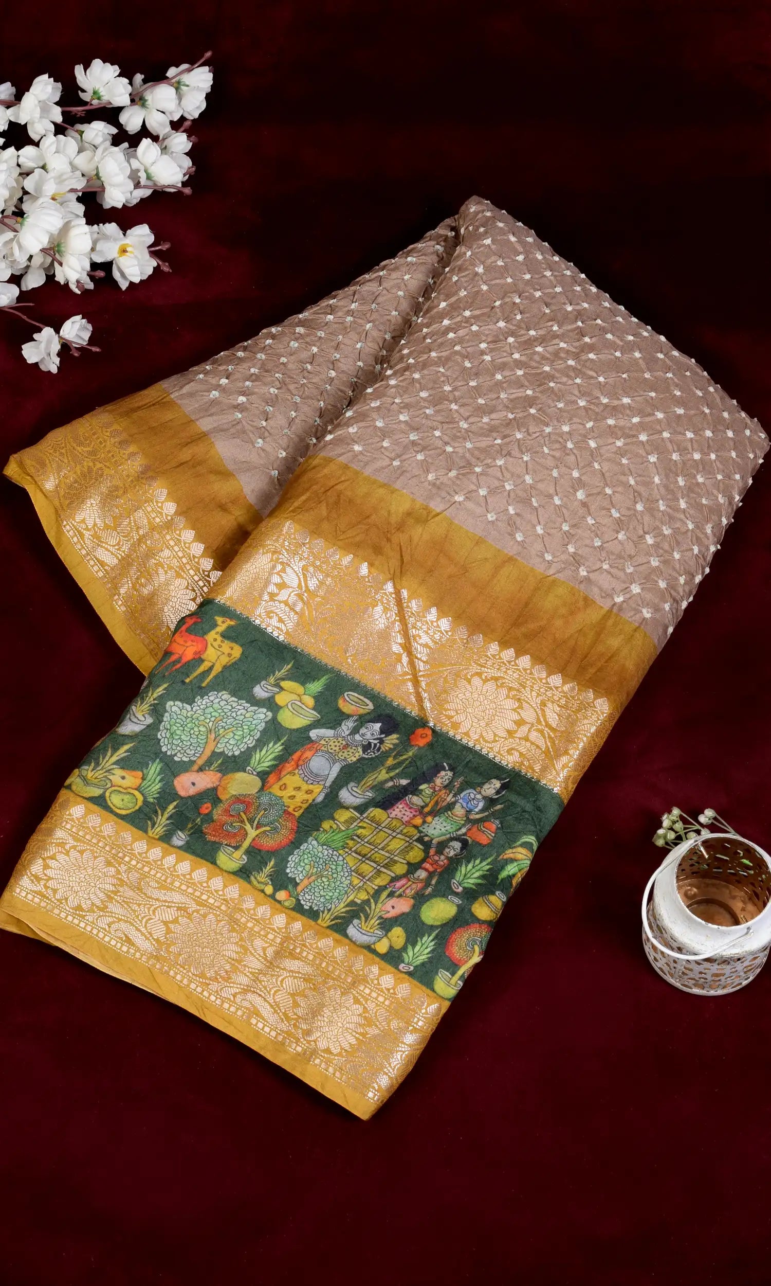 Kanjiwaram With Pichwai Print Bandhani Saree