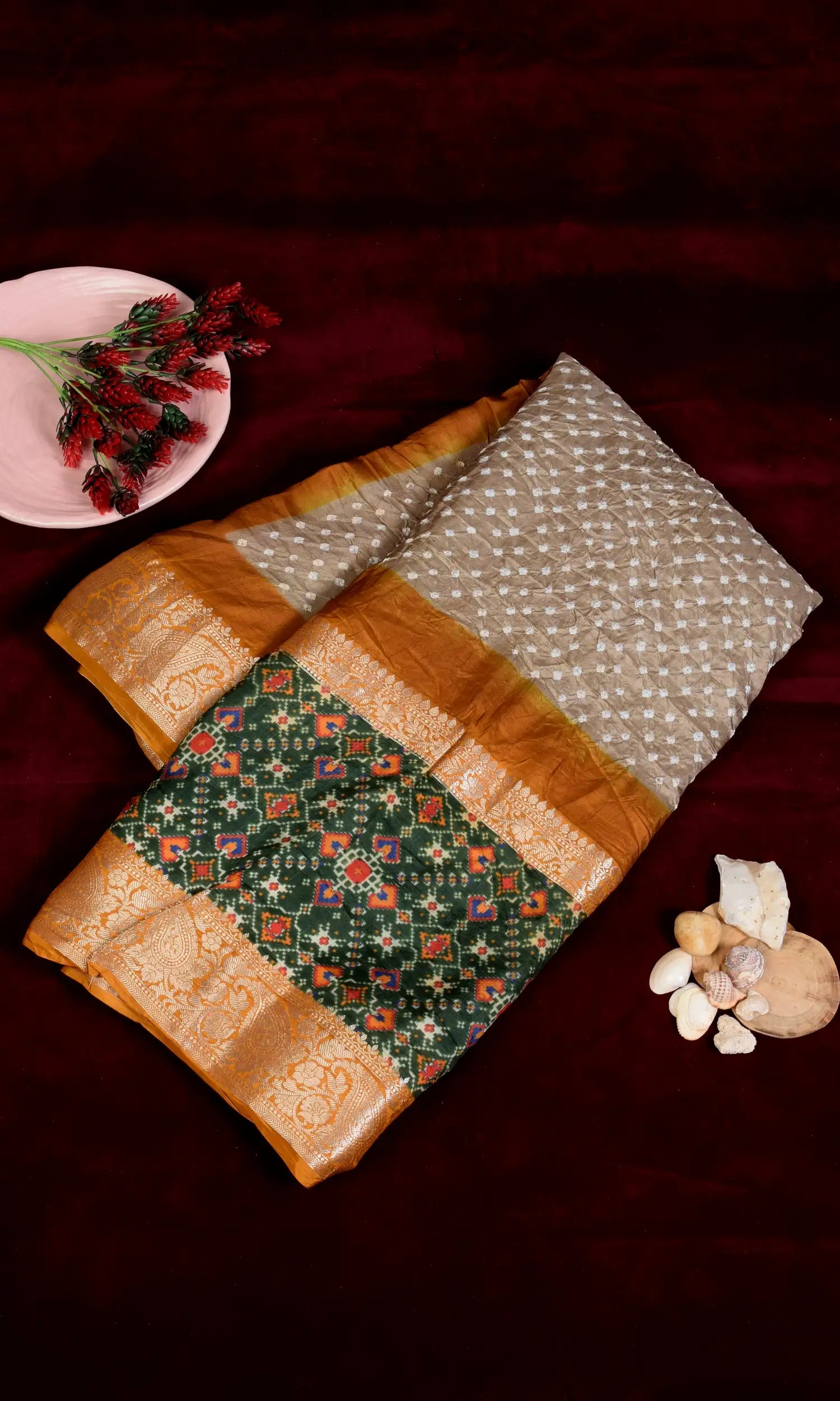 Kanjiwaram With Pichwai Print Bandhani Saree