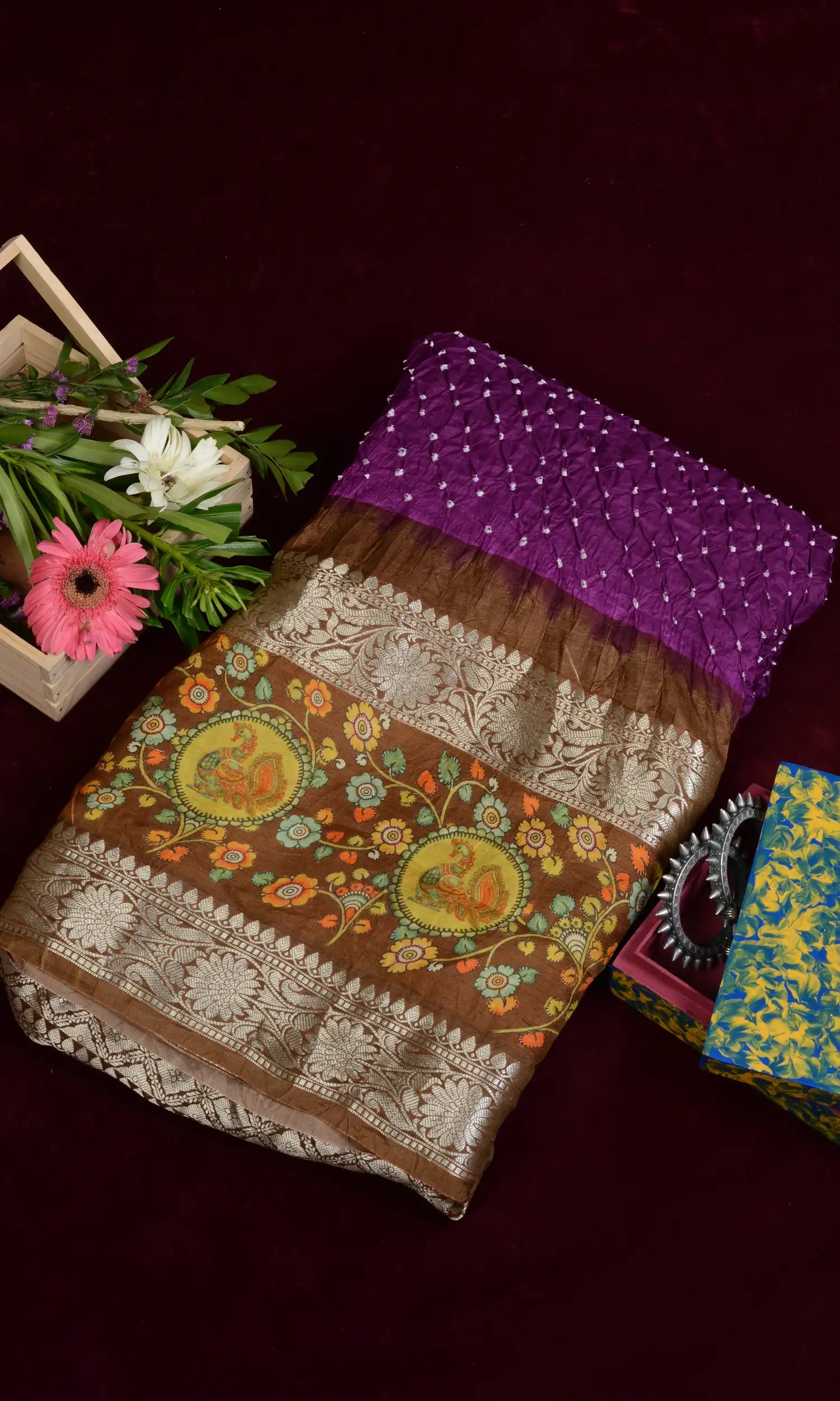 Kanjiwaram With Pichwai Print Bandhani Saree