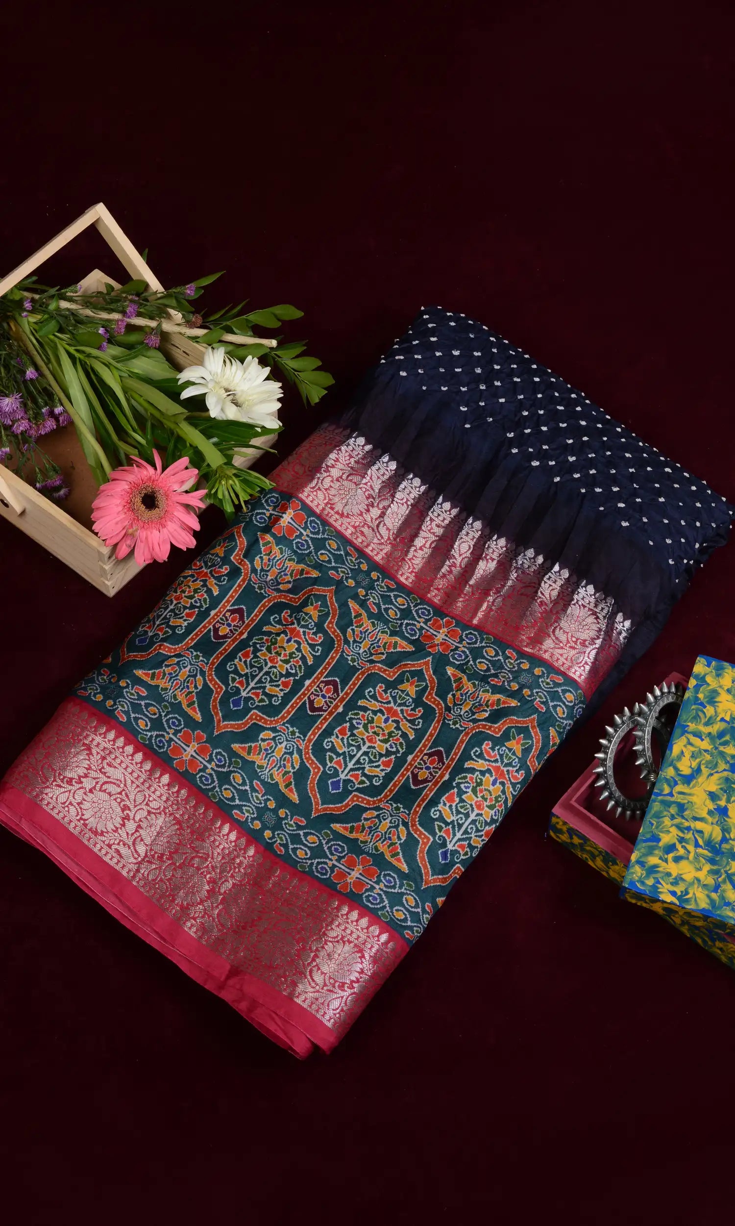 Kanjiwaram With Pichwai Print Bandhani Saree