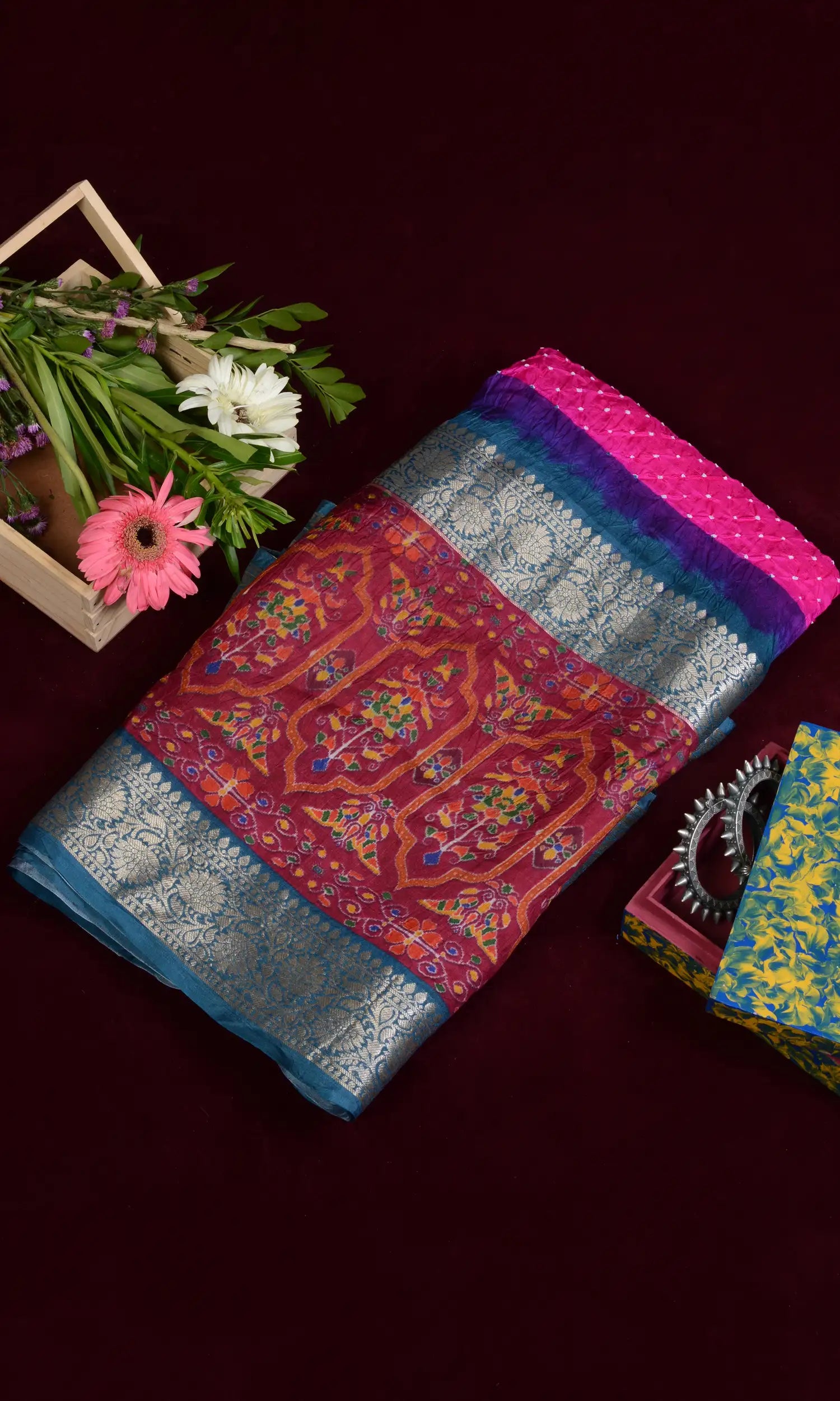 Kanjiwaram With Pichwai Print Bandhani Saree