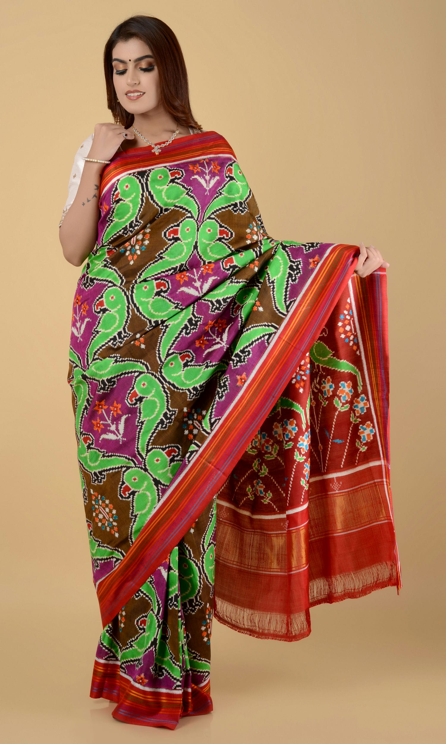 Double Ikat Patola Saree Parrot