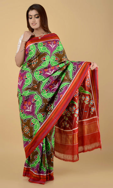 Double Ikat Patola Saree Parrot