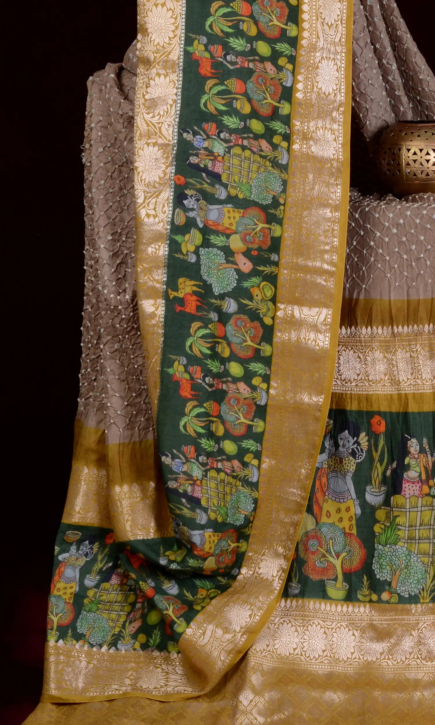 Kanjiwaram With Pichwai Print Bandhani Saree