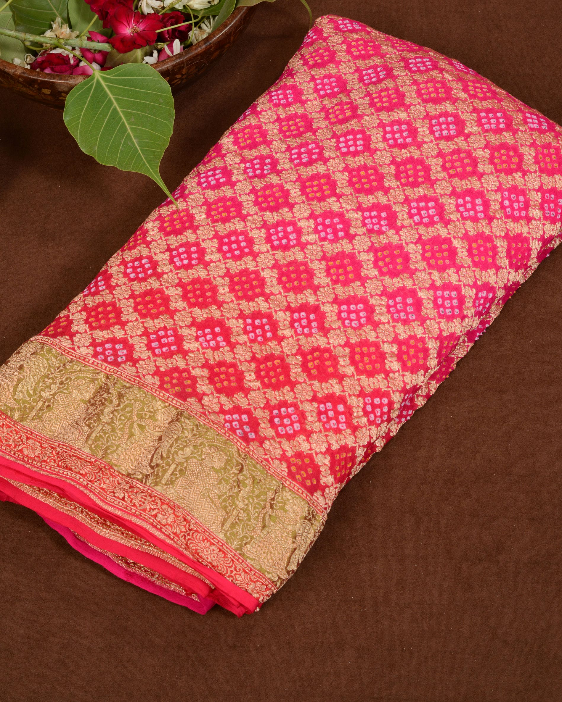 Banarasi Handloom Jaal Weave Rai Bandhani Saree