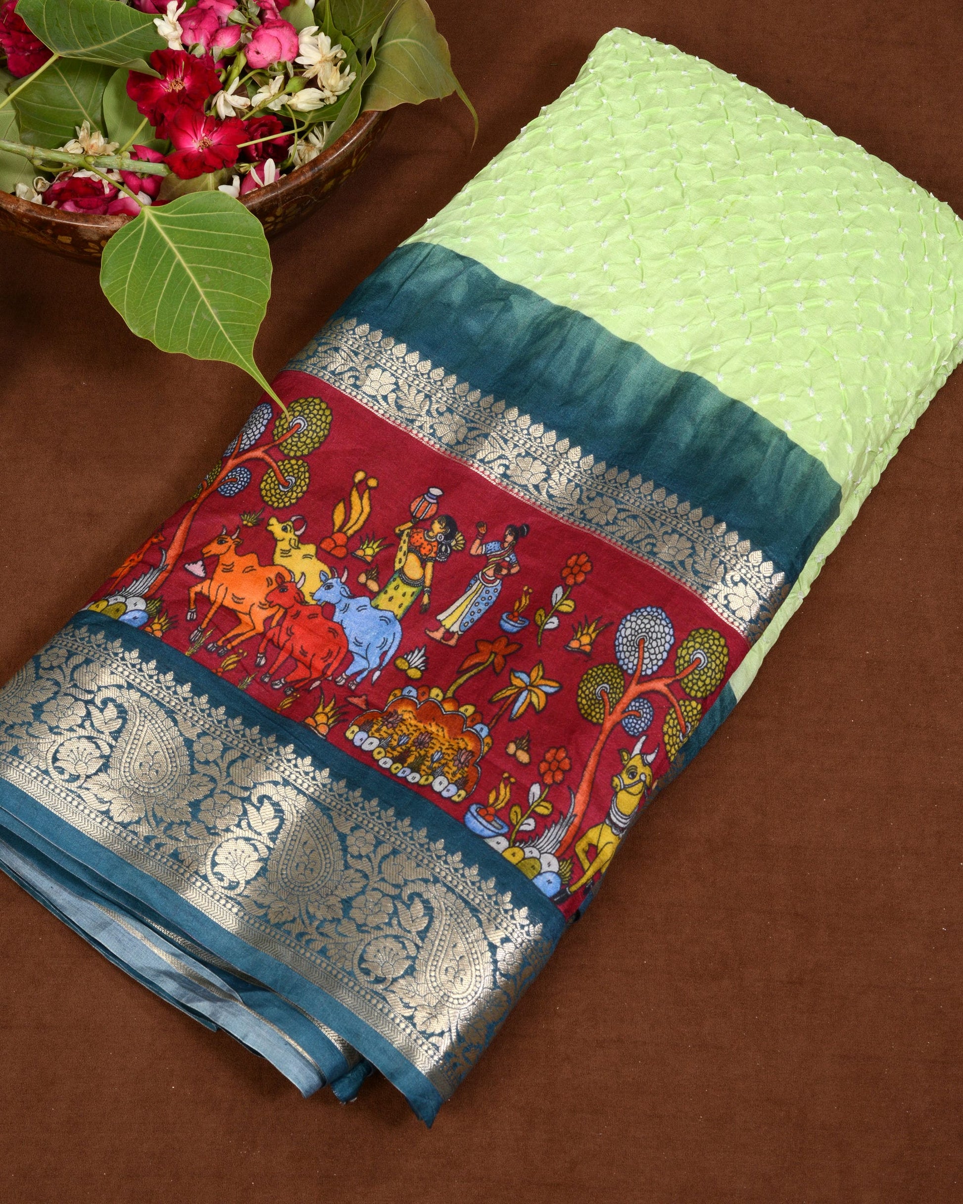 Kanjiwaram with Pichwai Print Bandhani Saree