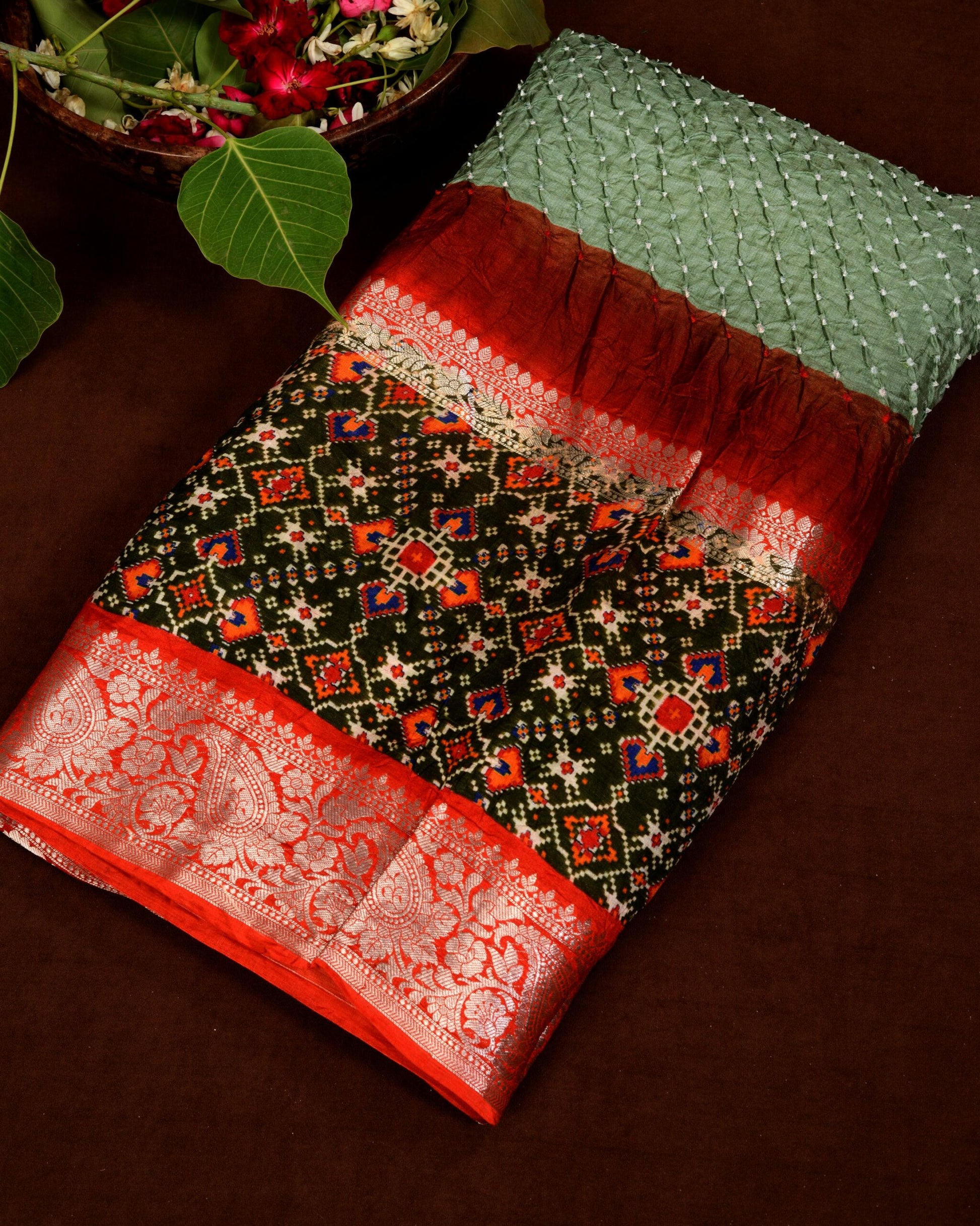 Kanjiwaram With Pichwai Print Bandhani Saree