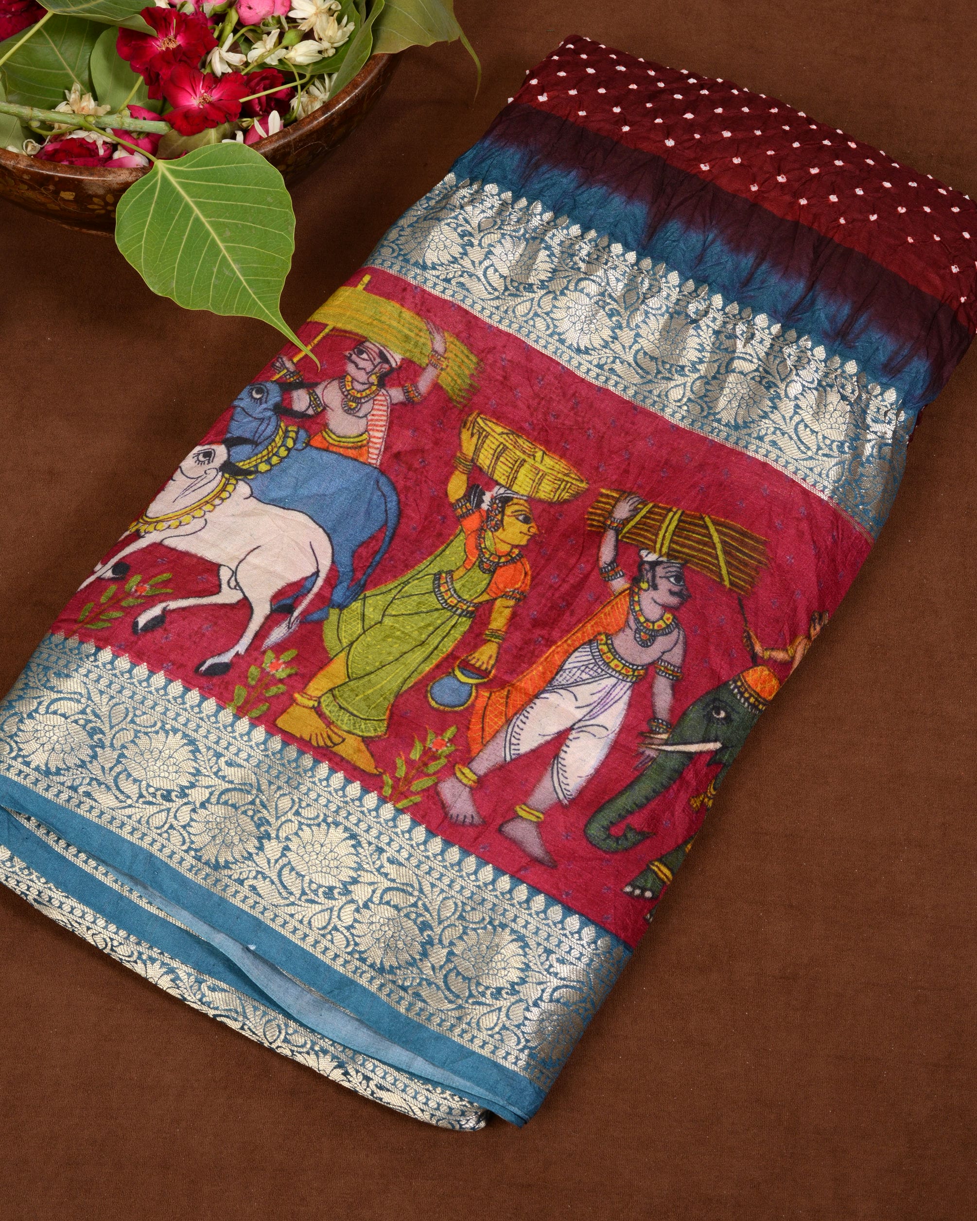 Kanjiwaram With Pichwai Print Bandhani Saree