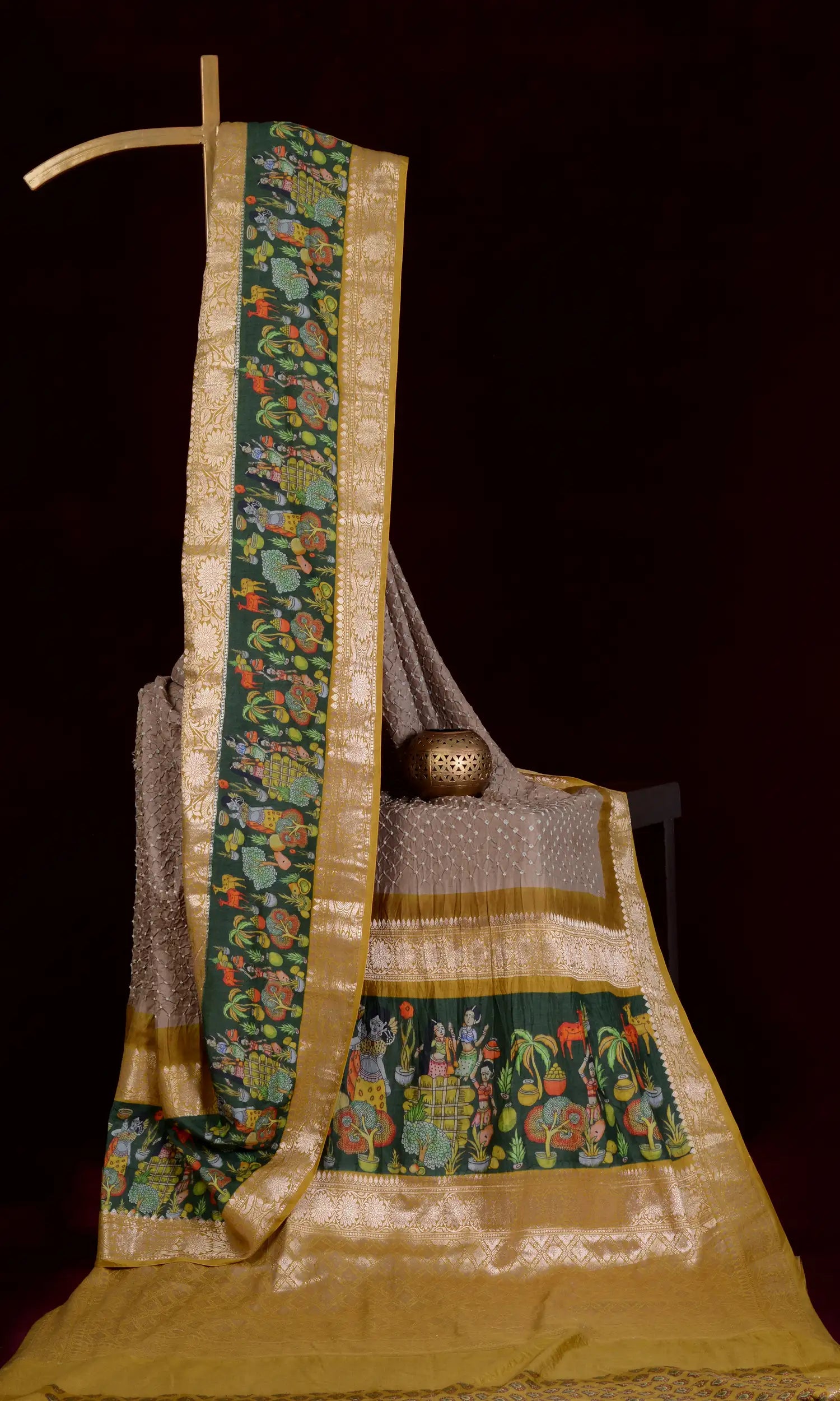 Kanjiwaram With Pichwai Print Bandhani Saree