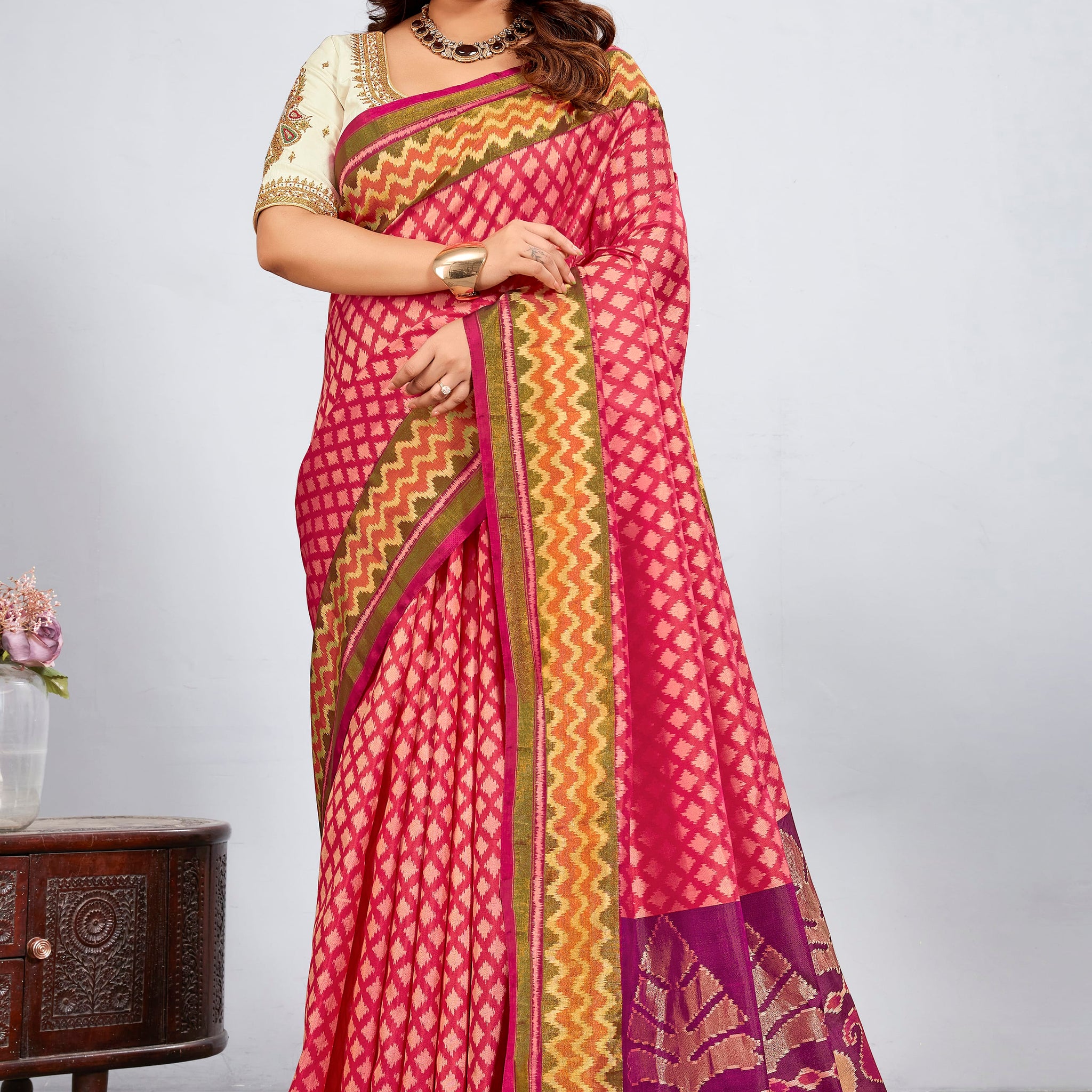 Rajkoti Patola Saree with Zari Kadva weave